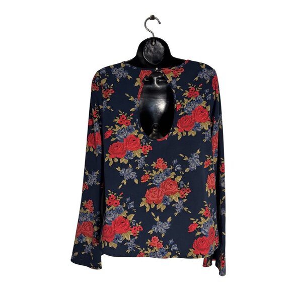 Floral Bell Sleeve Blouse Womens Keyhole Back Navy with Red Roses One Clothing M - Picture 2 of 9